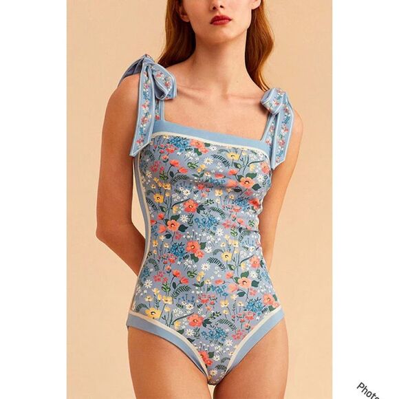 Visual Mood Blue Floral Print Reversible Swimsuit One Piece Small - Picture 1 of 11